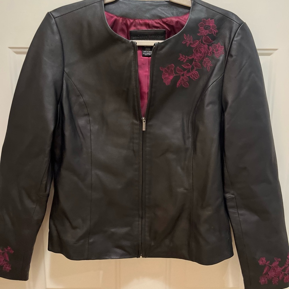 Jaclyn Smith Classic Leather Jacket With Purple Floral Detail Medium